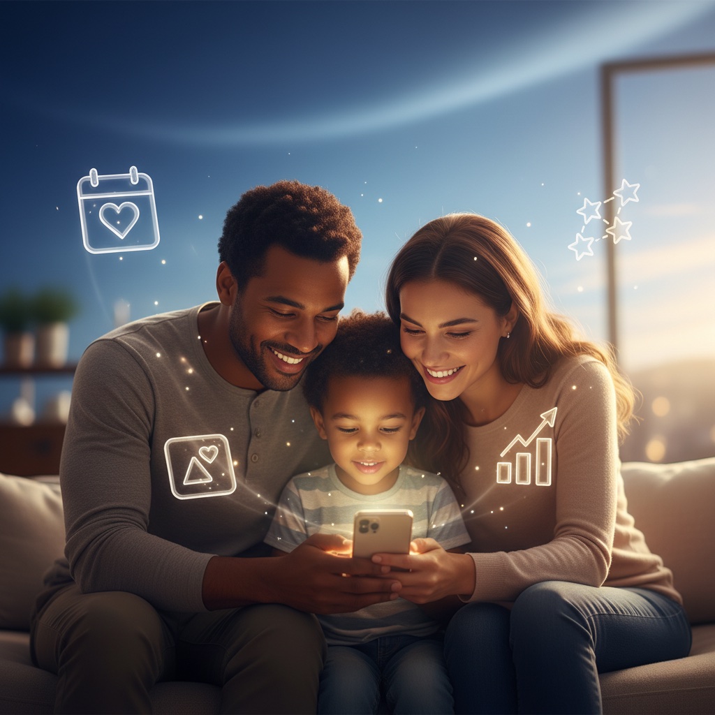 Happy family using ParentEase app